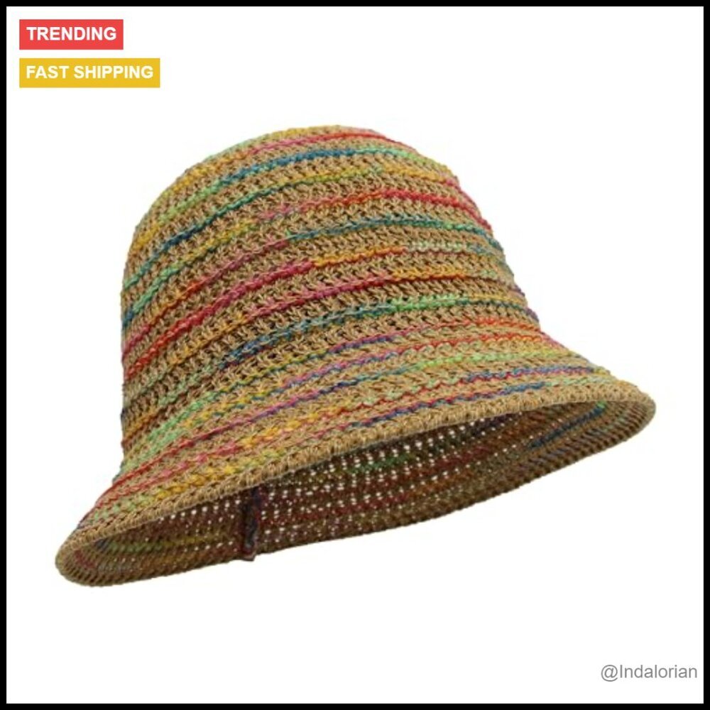 Straw Bucket Hat Packable Travel Beach Sun Hat Knitted Mesh Boho Chic - Picture 3 of 7